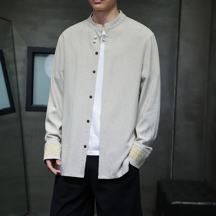 Buddha Stones Fall Winter Tang Style Casual Mandarin Collar Embroidery Auspicious Clouds Cuffs Solid Men's Long Sleeve Shirts - Beige - US/UK/AU46，EU56 (5XL) - image 16