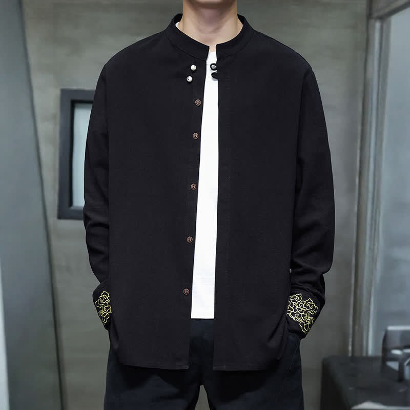 Buddha Stones Fall Winter Tang Style Casual Mandarin Collar Embroidery Auspicious Clouds Cuffs Solid Men's Long Sleeve Shirts - image 14