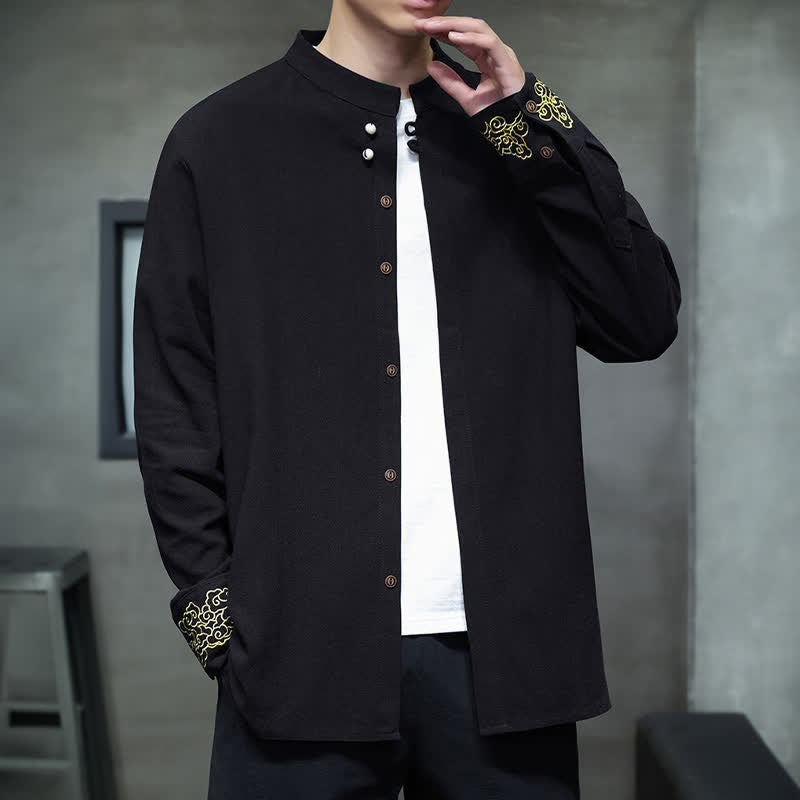 Buddha Stones Fall Winter Tang Style Casual Mandarin Collar Embroidery Auspicious Clouds Cuffs Solid Men's Long Sleeve Shirts - Black - US/UK/AU46，EU56 (5XL) - image 11