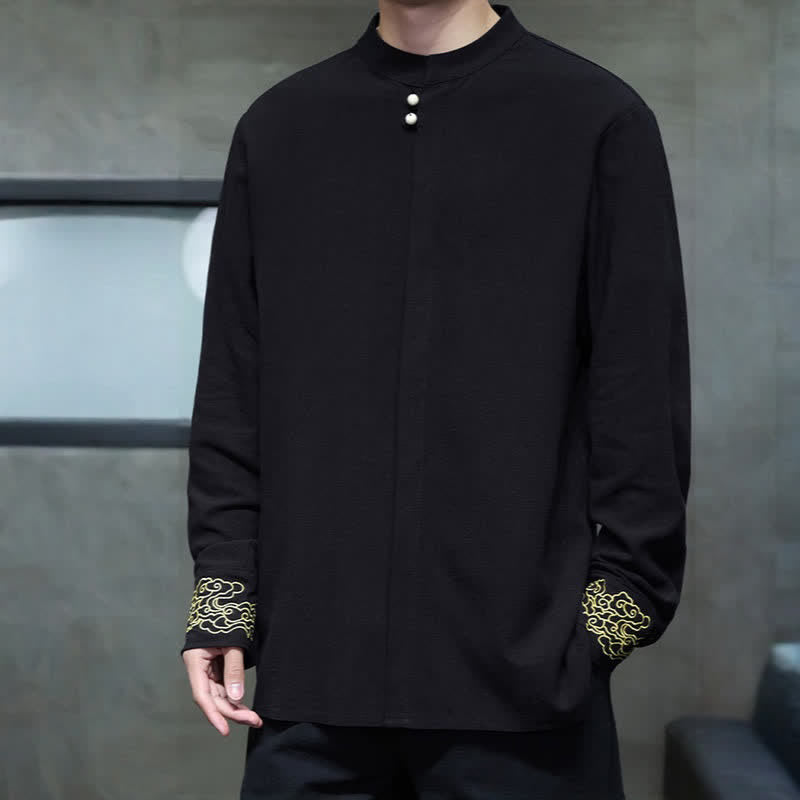 Buddha Stones Fall Winter Tang Style Casual Mandarin Collar Embroidery Auspicious Clouds Cuffs Solid Men's Long Sleeve Shirts - image 15
