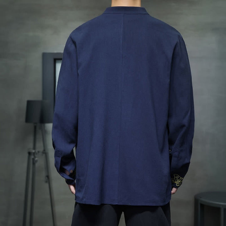 Buddha Stones Fall Winter Tang Style Casual Mandarin Collar Embroidery Auspicious Clouds Cuffs Solid Men's Long Sleeve Shirts - image 4
