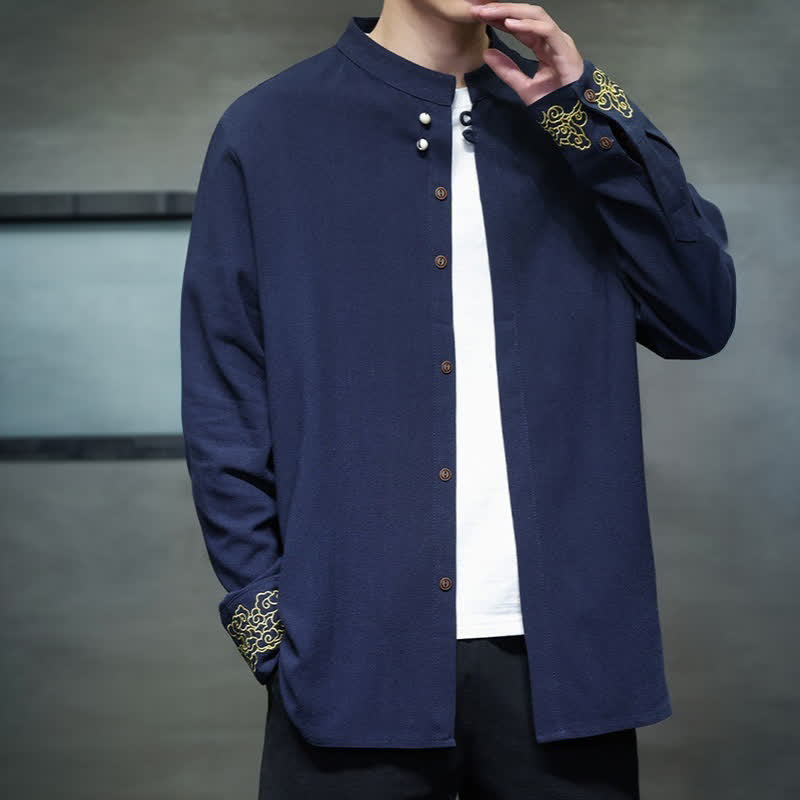 Buddha Stones Fall Winter Tang Style Casual Mandarin Collar Embroidery Auspicious Clouds Cuffs Solid Men's Long Sleeve Shirts - image 9