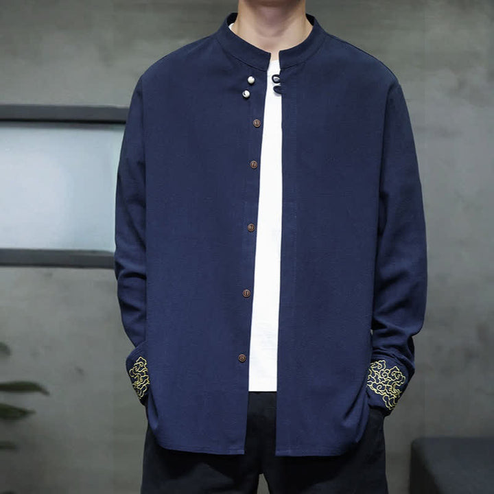 Buddha Stones Fall Winter Tang Style Casual Mandarin Collar Embroidery Auspicious Clouds Cuffs Solid Men's Long Sleeve Shirts - image 8