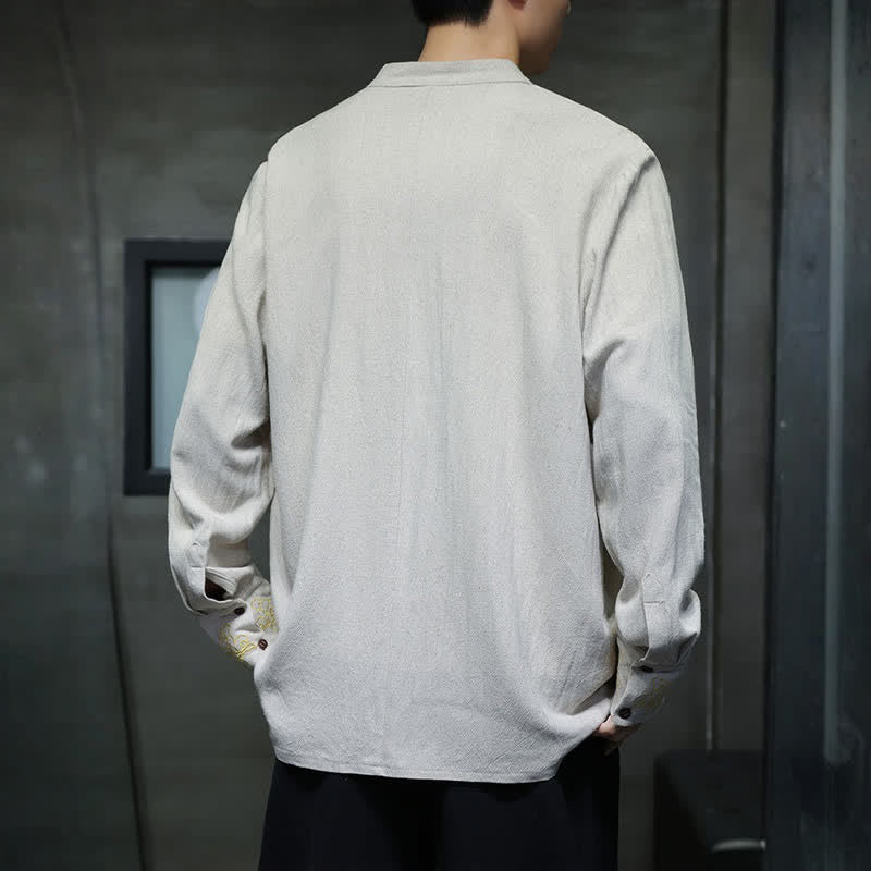 Buddha Stones Fall Winter Tang Style Casual Mandarin Collar Embroidery Auspicious Clouds Cuffs Solid Men's Long Sleeve Shirts - image 19