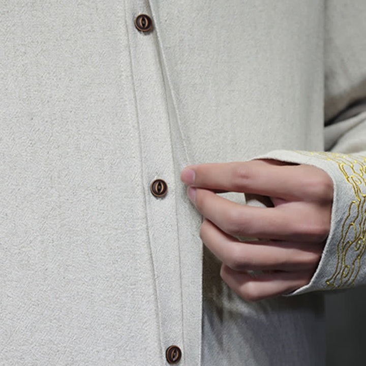 Buddha Stones Fall Winter Tang Style Casual Mandarin Collar Embroidery Auspicious Clouds Cuffs Solid Men's Long Sleeve Shirts - image 26