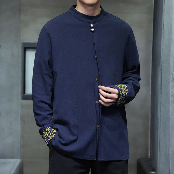 Buddha Stones Fall Winter Tang Style Casual Mandarin Collar Embroidery Auspicious Clouds Cuffs Solid Men's Long Sleeve Shirts - image 6