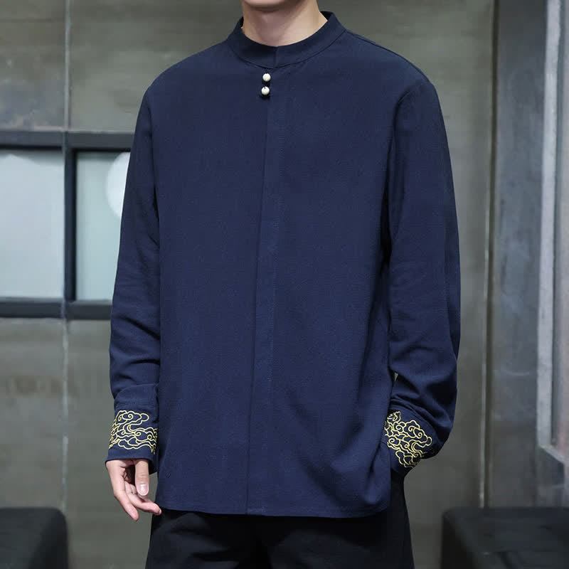 Buddha Stones Fall Winter Tang Style Casual Mandarin Collar Embroidery Auspicious Clouds Cuffs Solid Men's Long Sleeve Shirts - image 2