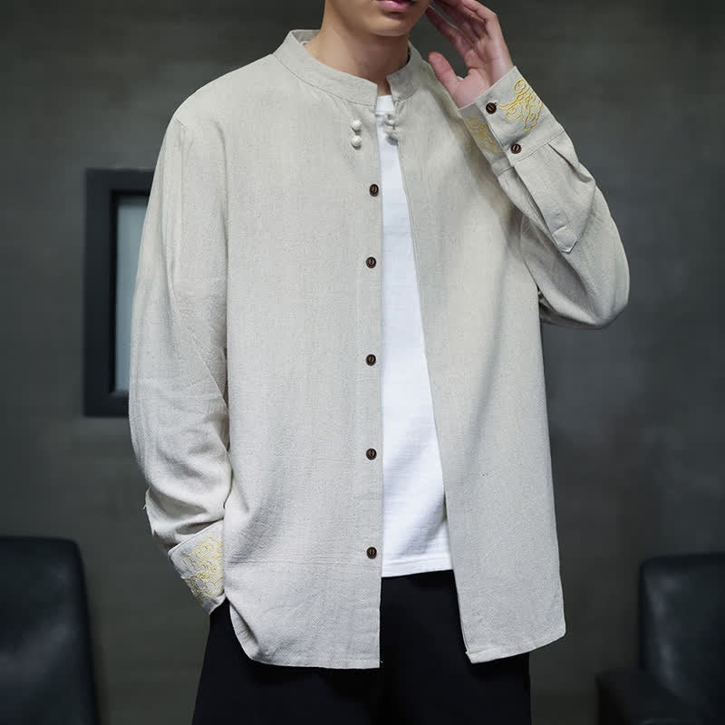 Buddha Stones Fall Winter Tang Style Casual Mandarin Collar Embroidery Auspicious Clouds Cuffs Solid Men's Long Sleeve Shirts - image 20