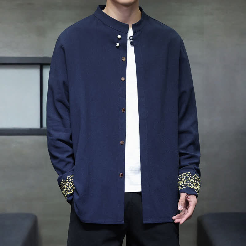 Buddha Stones Fall Winter Tang Style Casual Mandarin Collar Embroidery Auspicious Clouds Cuffs Solid Men's Long Sleeve Shirts - image 1