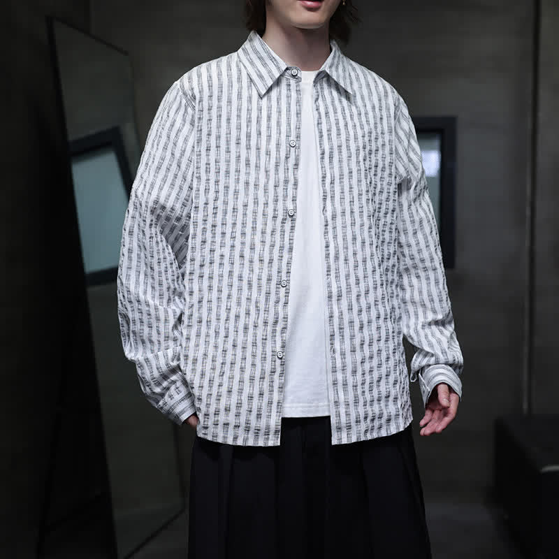 Buddha Stones Fall Casual Minimalist Button-Up Striped Men's Long Sleeve Shirts - Gainsboro - US/UK/AU46，EU56 (5XL) - image 9