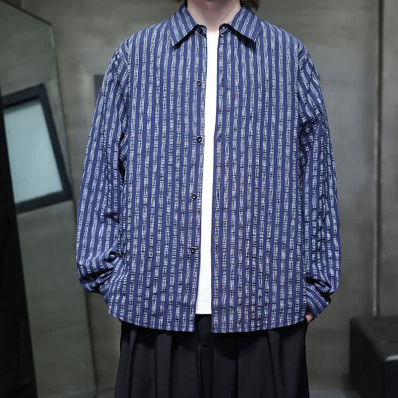 Buddha Stones Fall Casual Minimalist Button-Up Striped Men's Long Sleeve Shirts - image 3