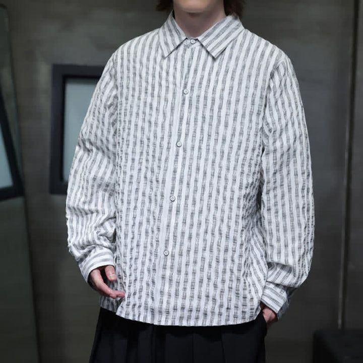Buddha Stones Fall Casual Minimalist Button-Up Striped Men's Long Sleeve Shirts - image 13