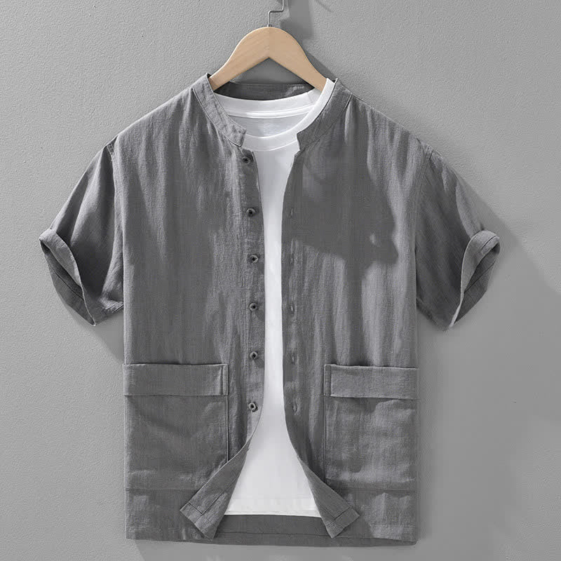 Buddha Stones Summer Casual Mandarin Collar Button-Up Solid Men's Short Sleeve Shirts With Pockets - SlateGray - US/UK/AU42，EU52 (3XL) - image 2