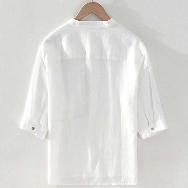 Buddha Stones Summer Casual Tang Style Mandarin Collar Solid Linen Men's Short Sleeve Shirts With Patch Pocket - image 14