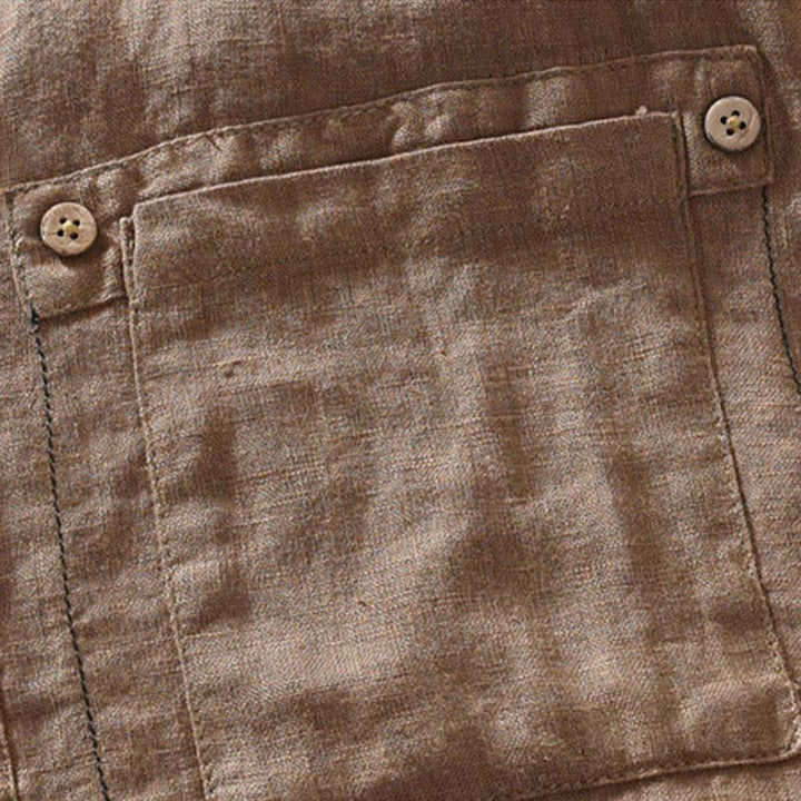 Buddha Stones Summer Casual Tang Style Mandarin Collar Solid Linen Men's Short Sleeve Shirts With Patch Pocket - image 3
