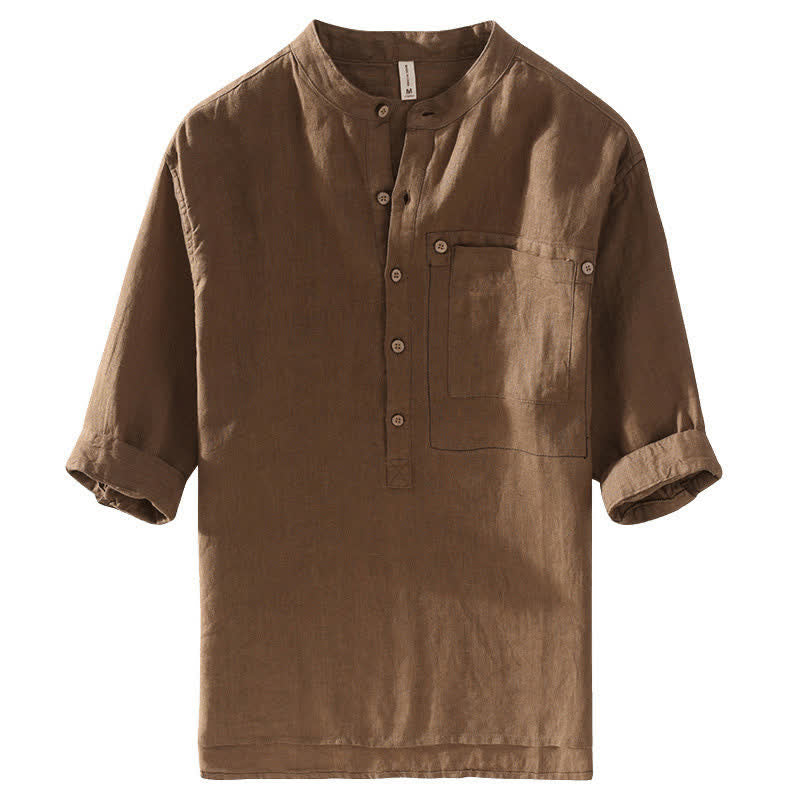 Buddha Stones Summer Casual Tang Style Mandarin Collar Solid Linen Men's Short Sleeve Shirts With Patch Pocket - image 1