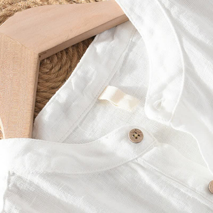 Buddha Stones Summer Casual Tang Style Mandarin Collar Solid Linen Men's Short Sleeve Shirts With Patch Pocket - image 15
