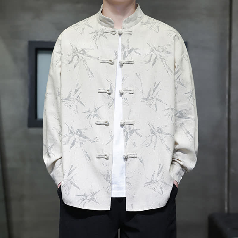 Buddha Stones Fall Tang Style Vintage Mandarin Collar Bamboo Leaf Cotton Linen Men's Long Sleeve Shirts - image 8