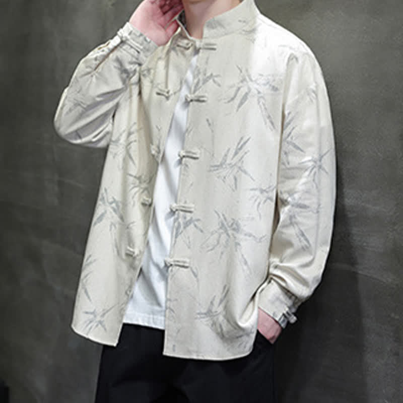 Buddha Stones Fall Tang Style Vintage Mandarin Collar Bamboo Leaf Cotton Linen Men's Long Sleeve Shirts - image 4