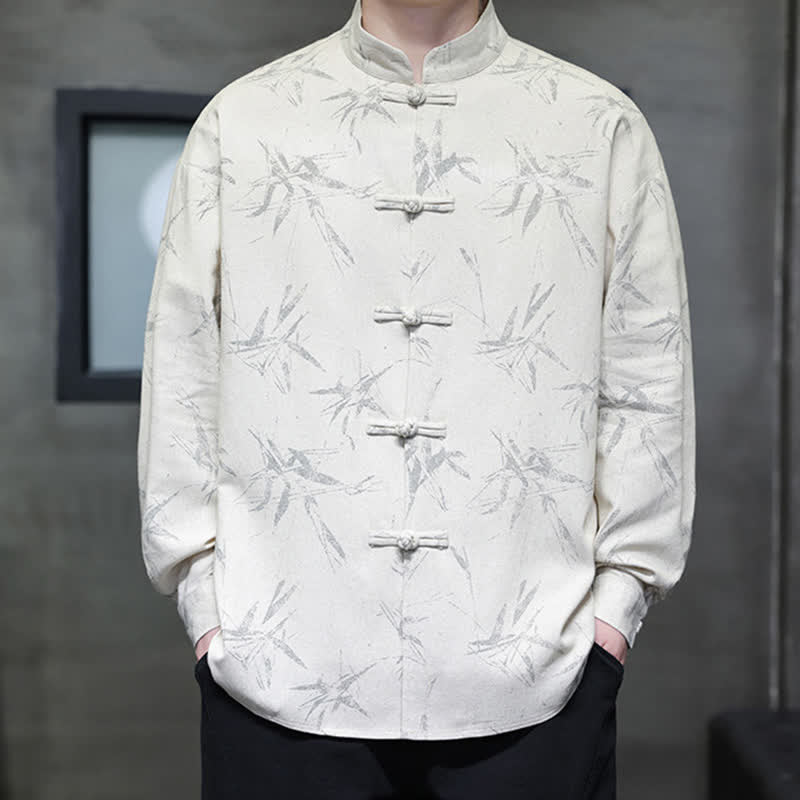 Buddha Stones Fall Tang Style Vintage Mandarin Collar Bamboo Leaf Cotton Linen Men's Long Sleeve Shirts - image 5