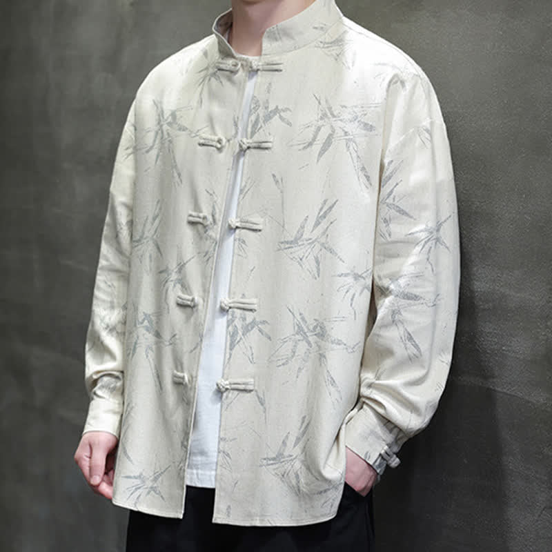 Buddha Stones Fall Tang Style Vintage Mandarin Collar Bamboo Leaf Cotton Linen Men's Long Sleeve Shirts - image 10