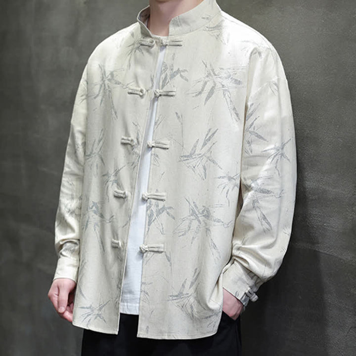 Buddha Stones Fall Tang Style Vintage Mandarin Collar Bamboo Leaf Cotton Linen Men's Long Sleeve Shirts - image 10