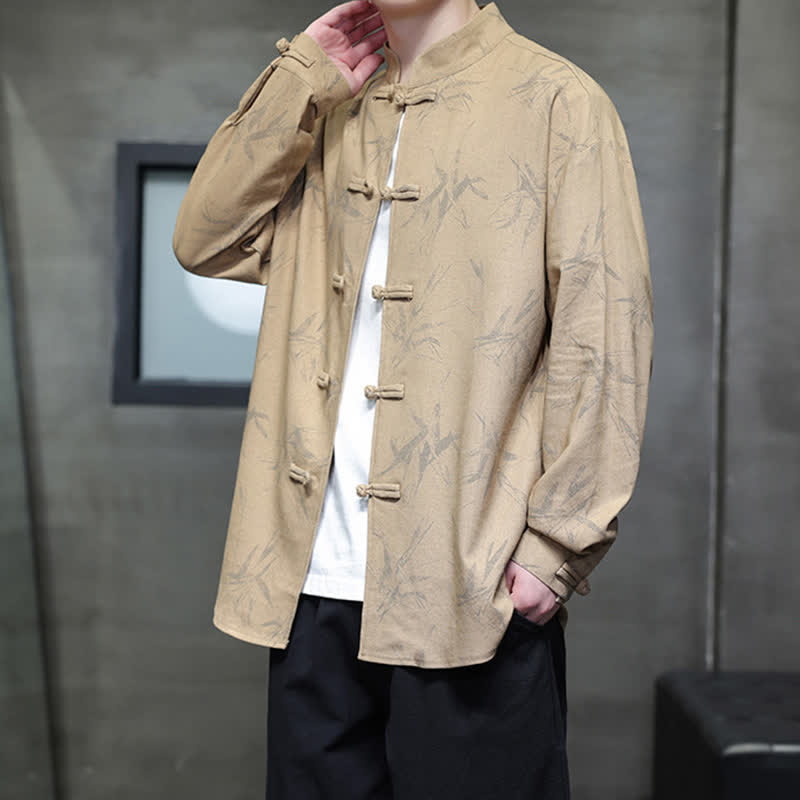 Buddha Stones Fall Tang Style Vintage Mandarin Collar Bamboo Leaf Cotton Linen Men's Long Sleeve Shirts - image 16