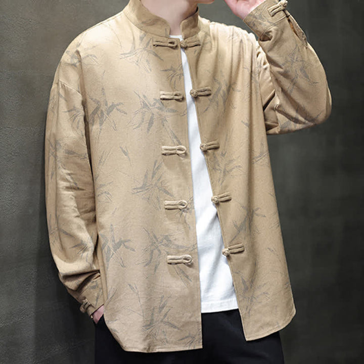 Buddha Stones Fall Tang Style Vintage Mandarin Collar Bamboo Leaf Cotton Linen Men's Long Sleeve Shirts - image 18
