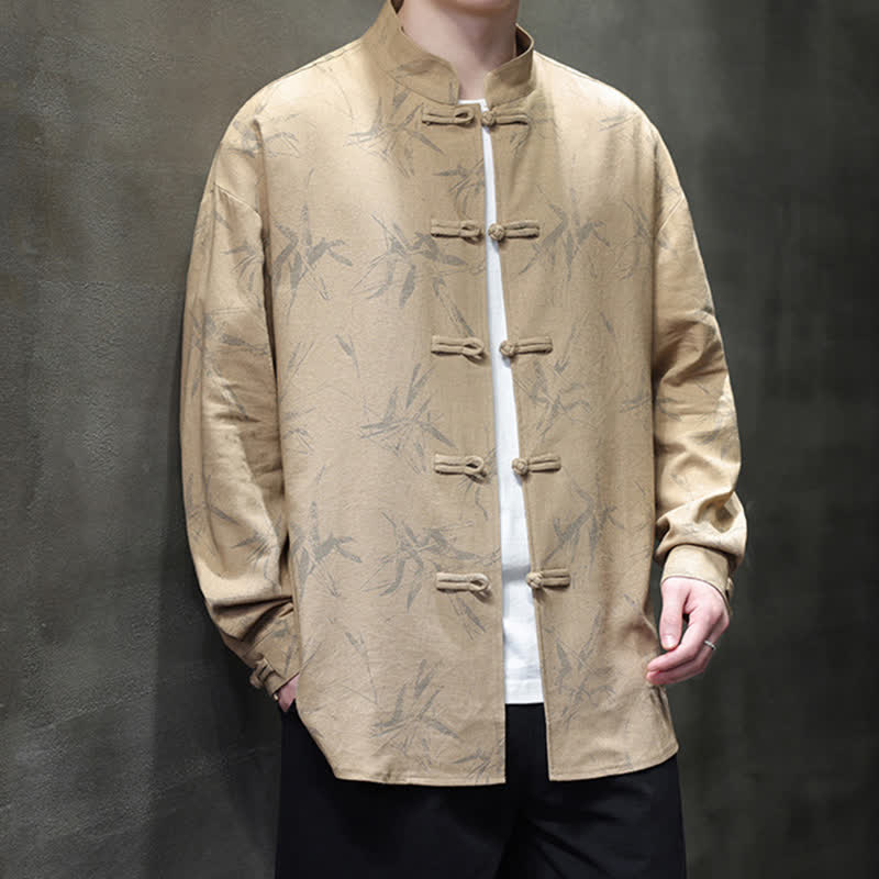 Buddha Stones Fall Tang Style Vintage Mandarin Collar Bamboo Leaf Cotton Linen Men's Long Sleeve Shirts - image 17