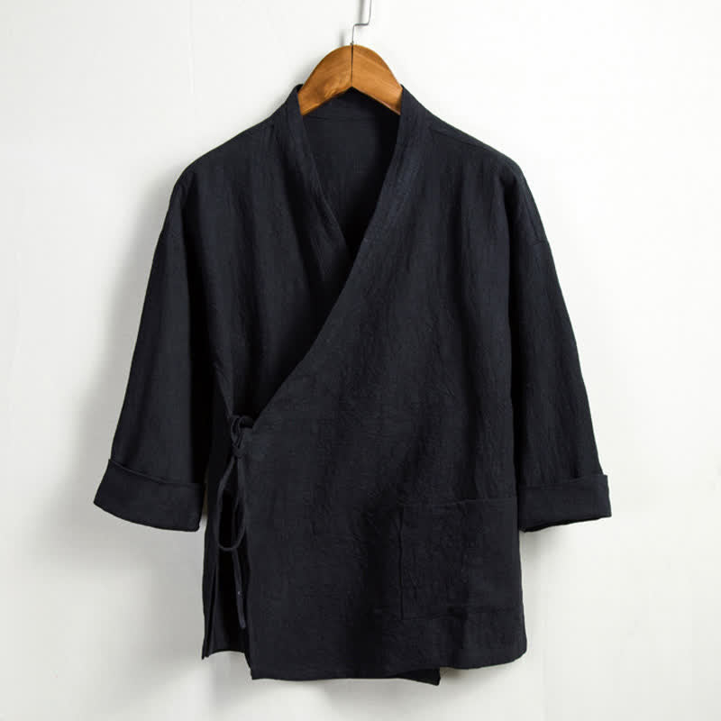 Buddha Stones Spring Casual Tang Style Drawstring Solid Ramie Men's Kimonos With Pocket - Black - US/UK/AU44，EU54 (4XL) - image 10