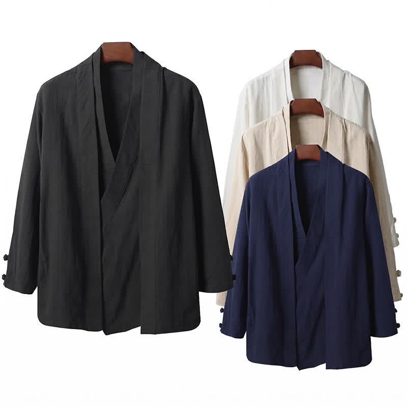 Buddha Stones Spring Casual Minimalist Solid Lapel Ramie Men's Kimono - image 14