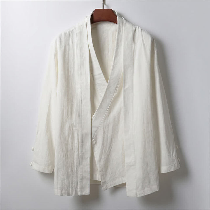 Buddha Stones Spring Casual Minimalist Solid Lapel Ramie Men's Kimono - White - US/UK/AU44，EU54 (4XL) - image 12