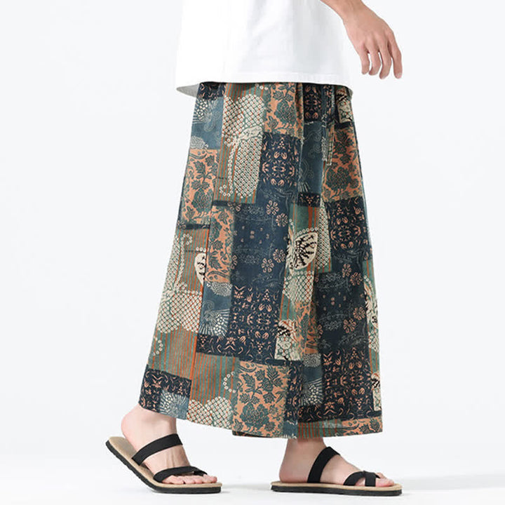 Buddha Stones Spring Summer Boho Casual Drawstring Floral Patchwork Cropped Pants Men's Wide Leg Pants With Pockets - image 3