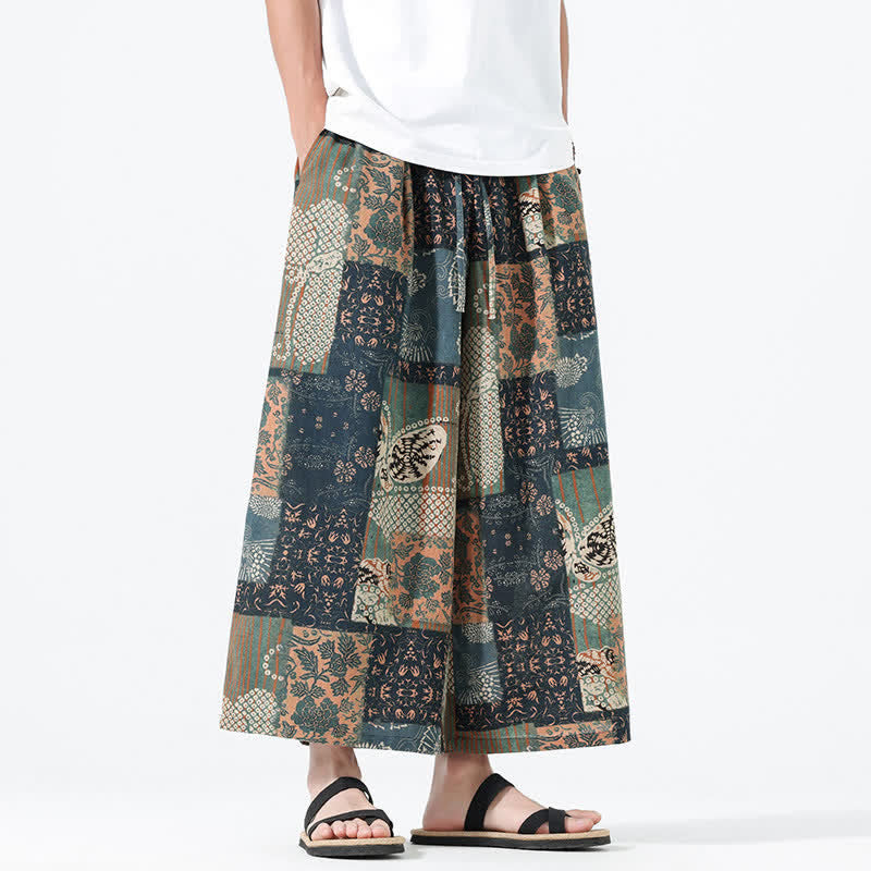 Buddha Stones Spring Summer Boho Casual Drawstring Floral Patchwork Cropped Pants Men's Wide Leg Pants With Pockets - image 6