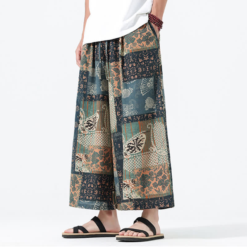 Buddha Stones Spring Summer Boho Casual Drawstring Floral Patchwork Cropped Pants Men's Wide Leg Pants With Pockets - BurlyWood - US/UK/AU46，EU56 (5XL) - image 0