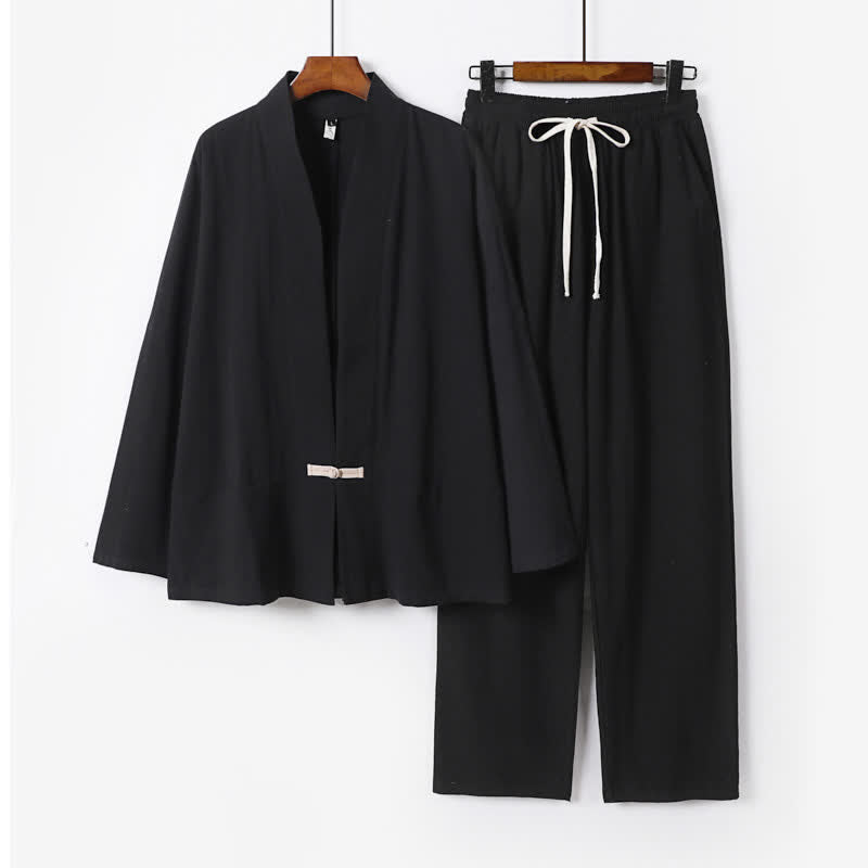 Buddha Stones 2Pcs Spring Solid Ramie V-Neck Kimono Drawstring Pants Men's Meditation Cloth With Pockets - Black - US/UK/AU54，EU64 (9XL) - image 3