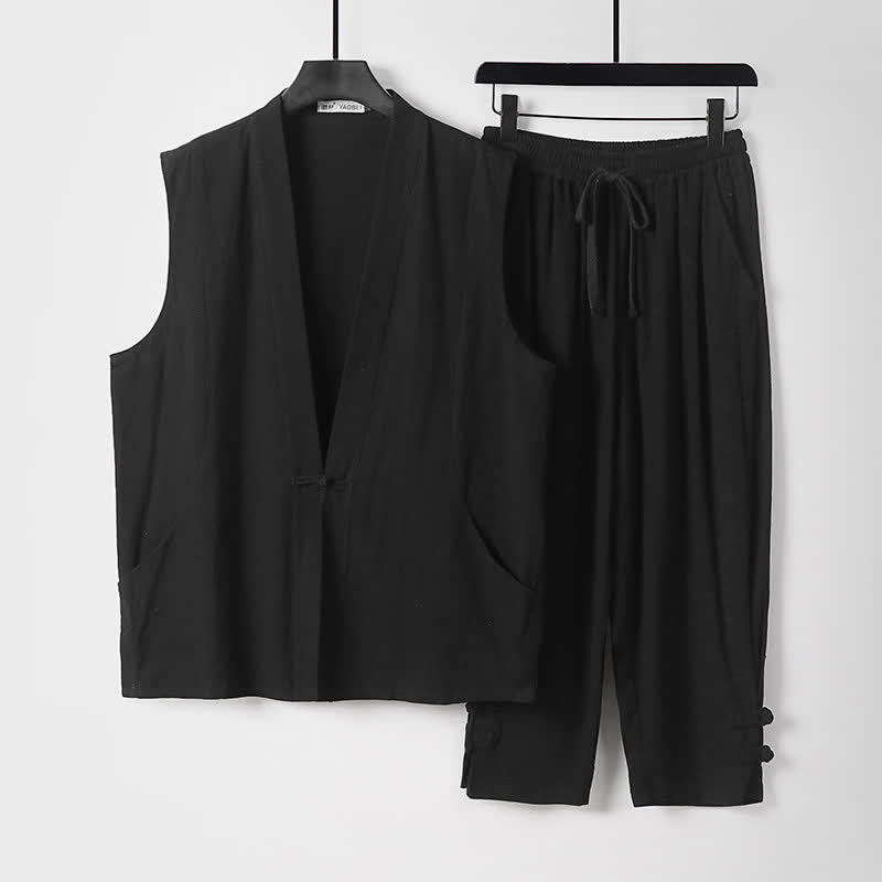 Buddha Stones 2Pcs Summer Tang Style Meditation Frog Button Solid Linen V-Neck Sleeveless Shirt Pants Men's Meditation Cloth With Pockets - Black - US/UK/AU54，EU64 (9XL) - image 16