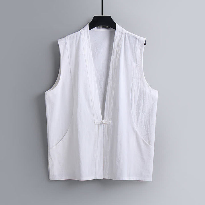 Buddha Stones 2Pcs Summer Tang Style Meditation Frog Button Solid Linen V-Neck Sleeveless Shirt Pants Men's Meditation Cloth With Pockets - image 22