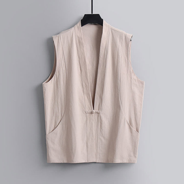 Buddha Stones 2Pcs Summer Tang Style Meditation Frog Button Solid Linen V-Neck Sleeveless Shirt Pants Men's Meditation Cloth With Pockets - image 19