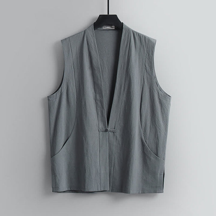 Buddha Stones 2Pcs Summer Tang Style Meditation Frog Button Solid Linen V-Neck Sleeveless Shirt Pants Men's Meditation Cloth With Pockets - image 3