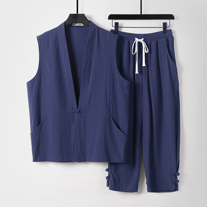 Buddha Stones 2Pcs Summer Tang Style Meditation Frog Button Solid Linen V-Neck Sleeveless Shirt Pants Men's Meditation Cloth With Pockets - MidnightBlue - US/UK/AU54，EU64 (9XL) - image 0