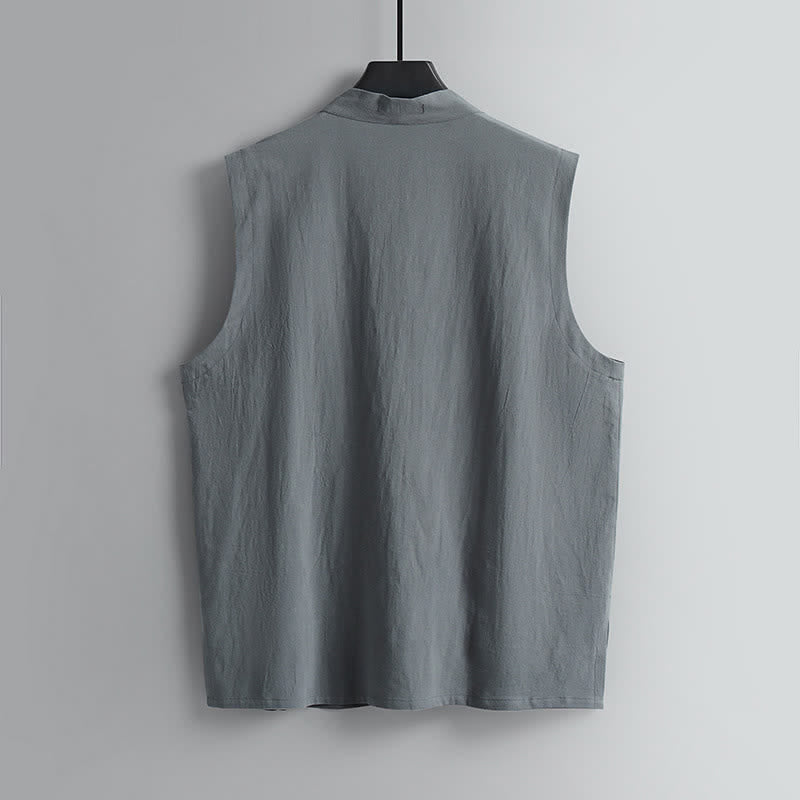Buddha Stones 2Pcs Summer Tang Style Meditation Frog Button Solid Linen V-Neck Sleeveless Shirt Pants Men's Meditation Cloth With Pockets - image 4