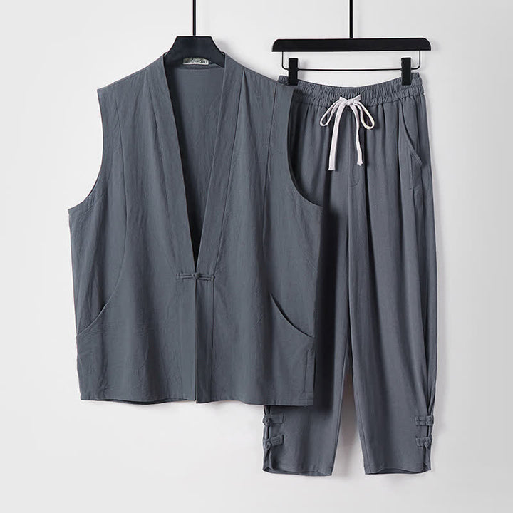Buddha Stones 2Pcs Summer Tang Style Meditation Frog Button Solid Linen V-Neck Sleeveless Shirt Pants Men's Meditation Cloth With Pockets - SlateGray - US/UK/AU54，EU64 (9XL) - image 2
