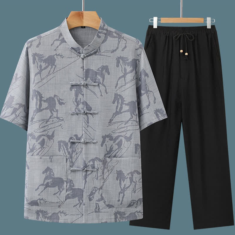 Buddha Stones 2Pcs Summer Tang Style Casual Frog Button Mandarin Collar Horse Print Short Sleeve Shirt Pants Men's Meditation Cloth With Pockets - image 3