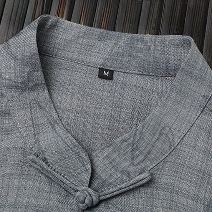 Buddha Stones 2Pcs Summer Tang Style Casual Frog Button Mandarin Collar Horse Print Short Sleeve Shirt Pants Men's Meditation Cloth With Pockets - image 6