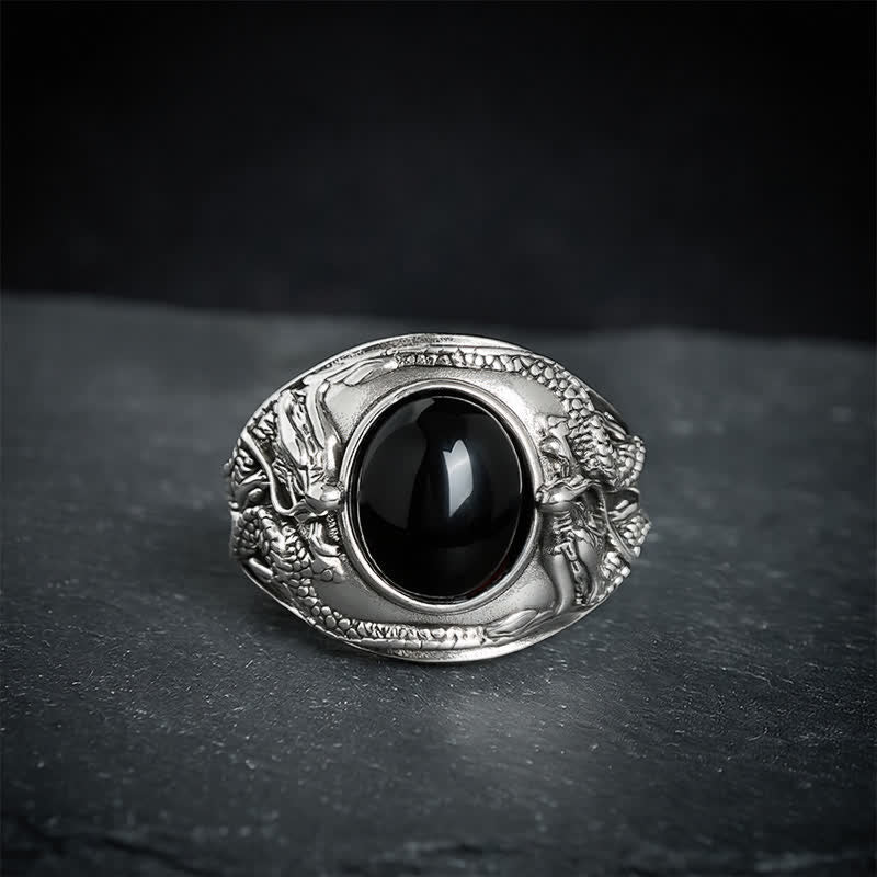 Buddha Stones Black Obsidian Dragon Purification Open Ring - image 2