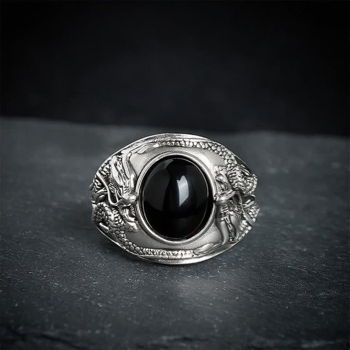 Buddha Stones Black Obsidian Dragon Purification Open Ring - image 2