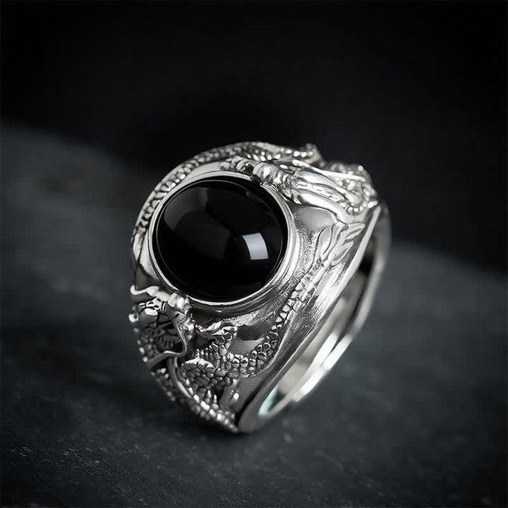 Buddha Stones Black Obsidian Dragon Purification Open Ring - image 1
