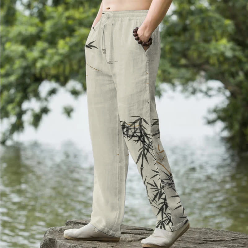 Buddha Stones Cotton Ink Bamboo Pattern Men's Tapered Pants With Pockets - image 1