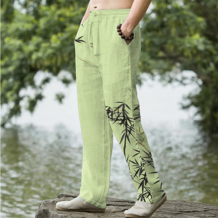 Buddha Stones Cotton Ink Bamboo Pattern Men's Tapered Pants With Pockets - image 5